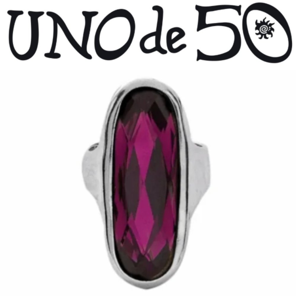 New Uno de 50 Silver & Swarovski Amethyst Oversized Mombasa Ring- Size 7